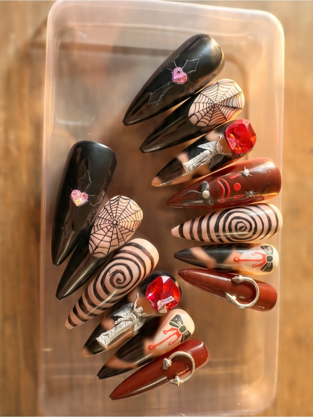 Handcrafted Gothic Long Press-On Nail Set in Black & Burgundy